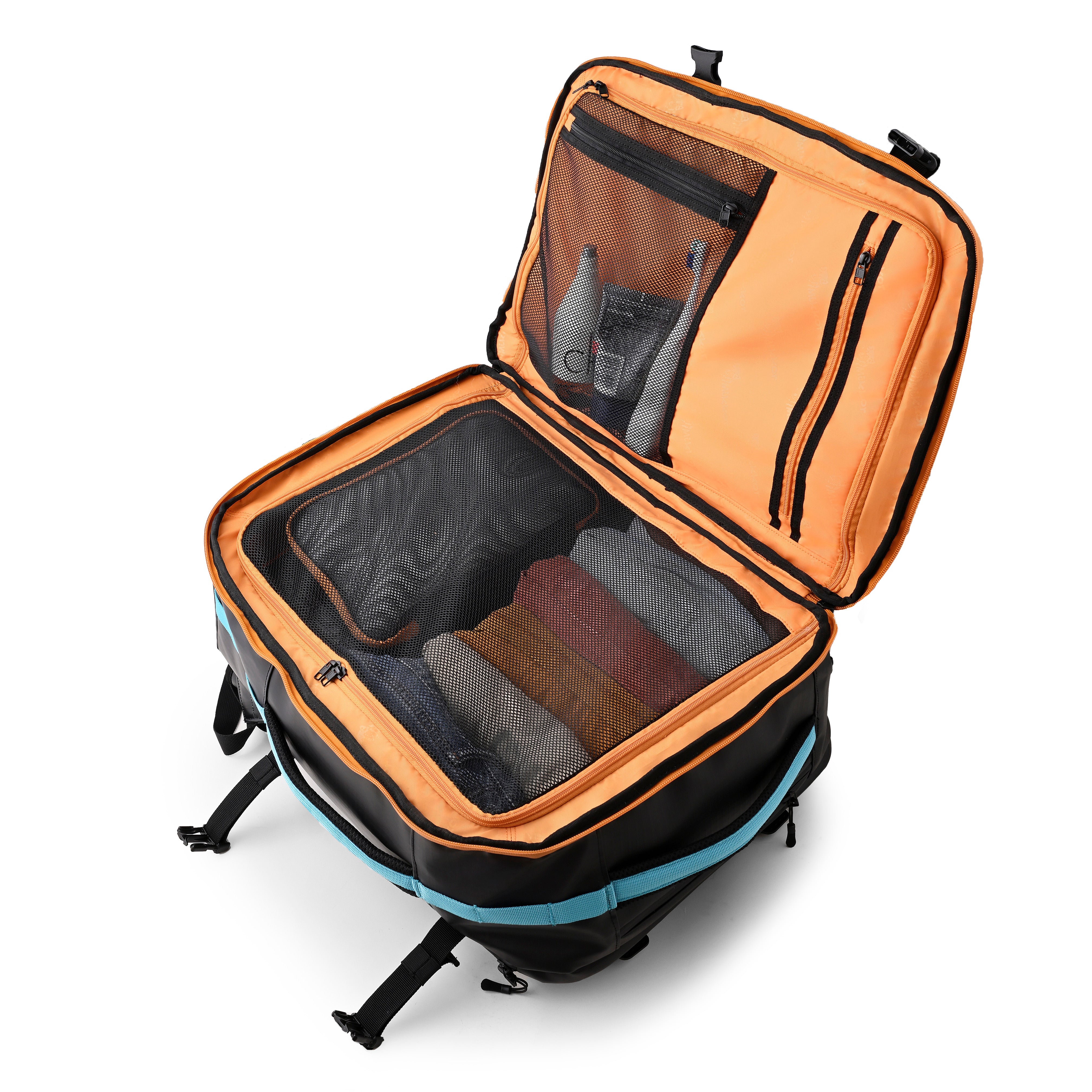 TREKARIUS 35L backpack open showing organized compartments and packing cubes